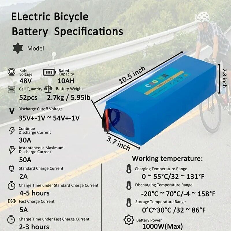 48v Lithium Lifepo4 Ebike Battery for 1000W Electric Bicycle Bike Motor 30A BMS