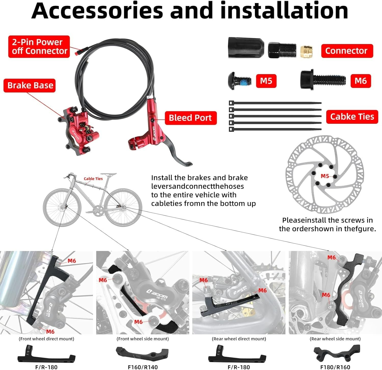 Z00M HB876E 2-PIN 4-Pistons E-Bike Electric Power-Off Hydraulic Brake Set