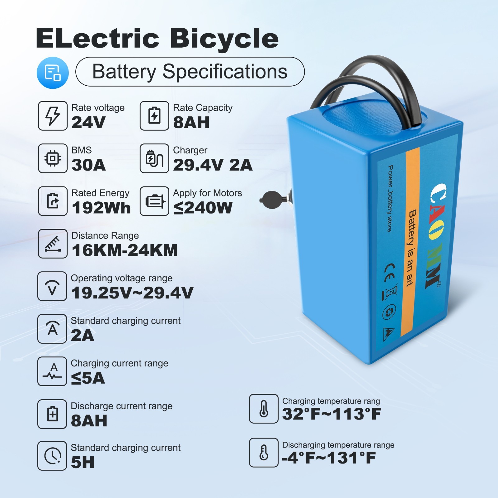 24V 8Ah Ebike Battery Lithium ion Battery for 0W-240W Electric Bicycle Scooter
