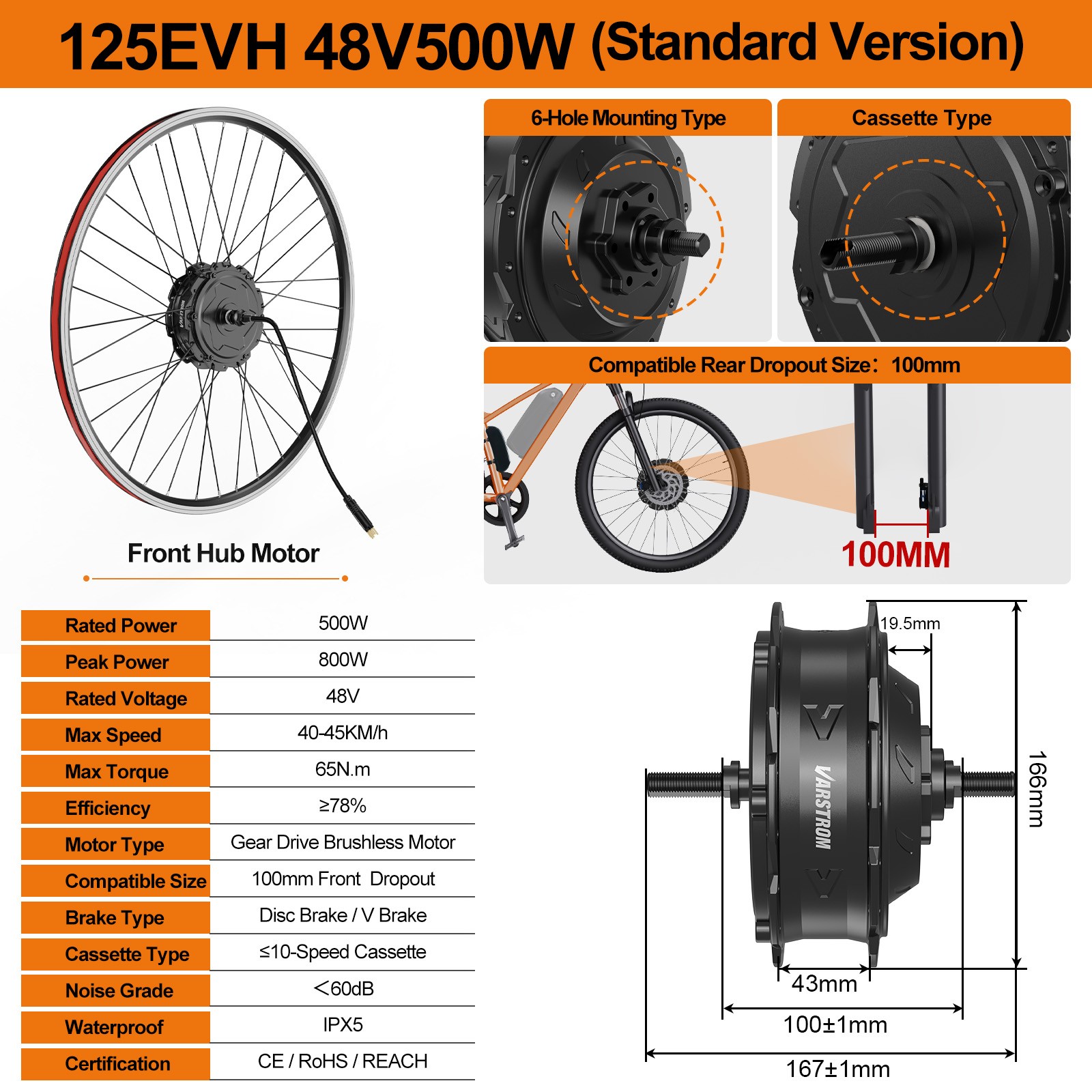 48V500W Varstrom Front Wheel Hub Motor 20»26»27.5″700C EBike Conversion Kits
