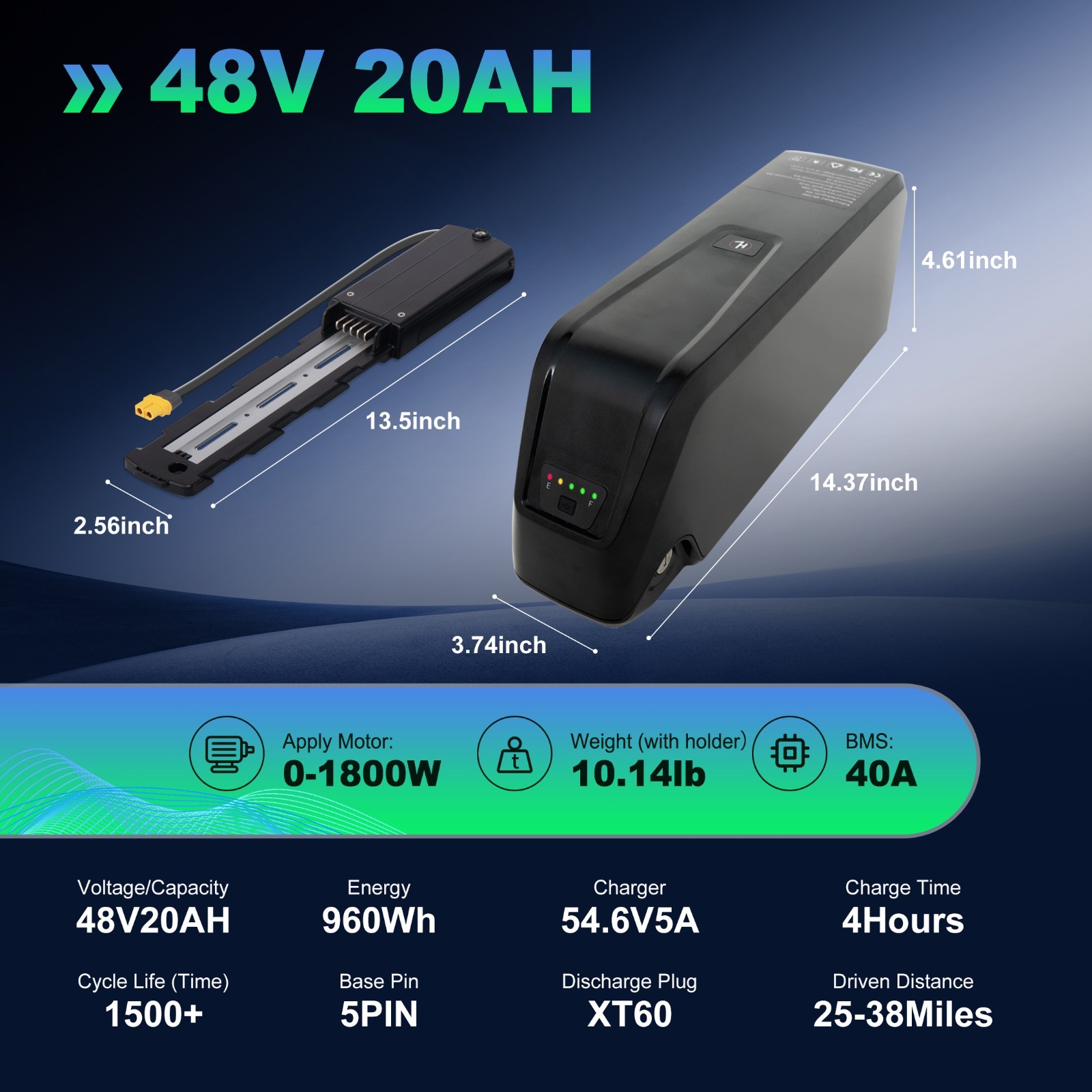 5PIN 48V ebike lithium battery 48V 20Ah w/ USB Port for bicycle 200W-1800W Motor
