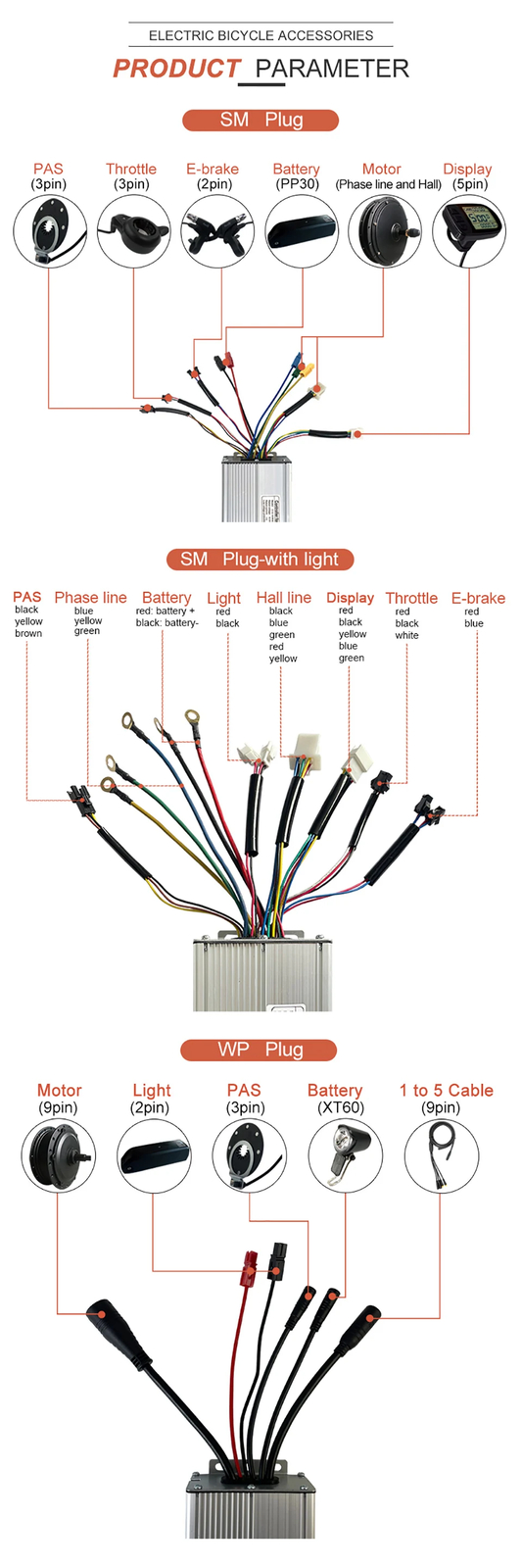 Electric Bike Controller 48V 1000W 30A Brushless Sinewave Controller with Light