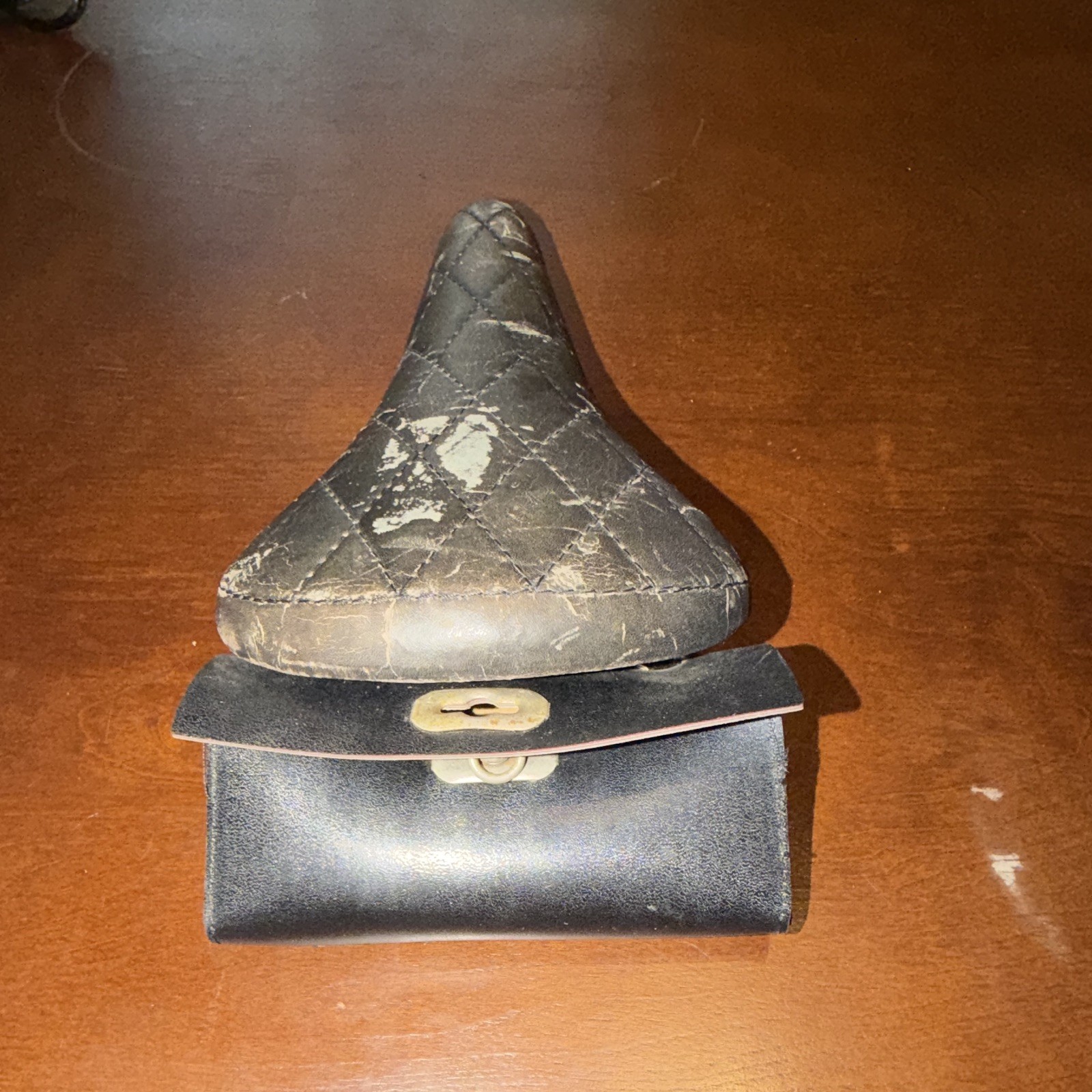Vintage Seamless YFC Black Leather Bicycle Saddle/Seat with Attached Saddle Bag