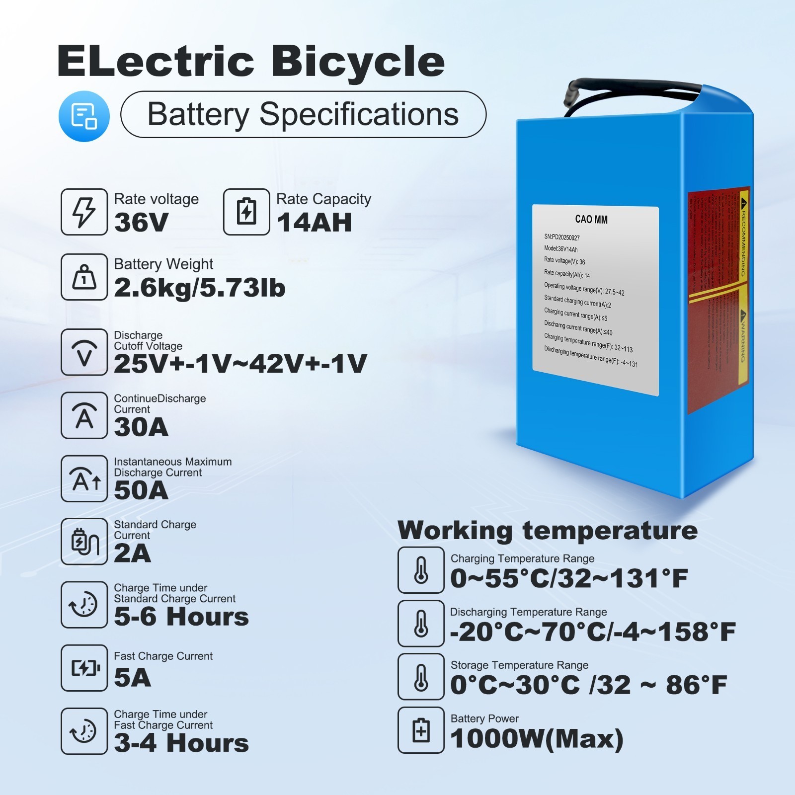 36V 14Ah E-Bike Lithium Battery 1000W Electric Bicycle Battery Pack With 30A BMS