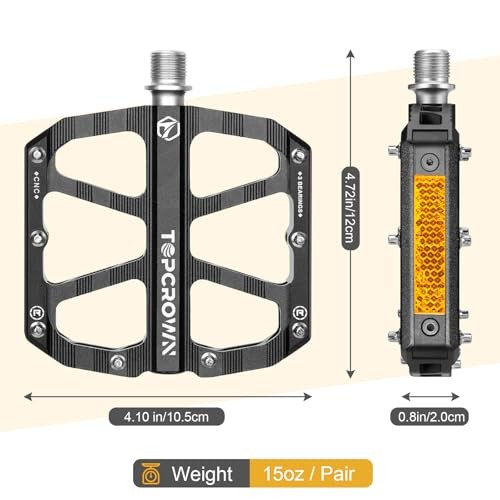 Mountain Bike Pedals with Reflectors, Aluminum Metal Bicycle Flat Pedals Black