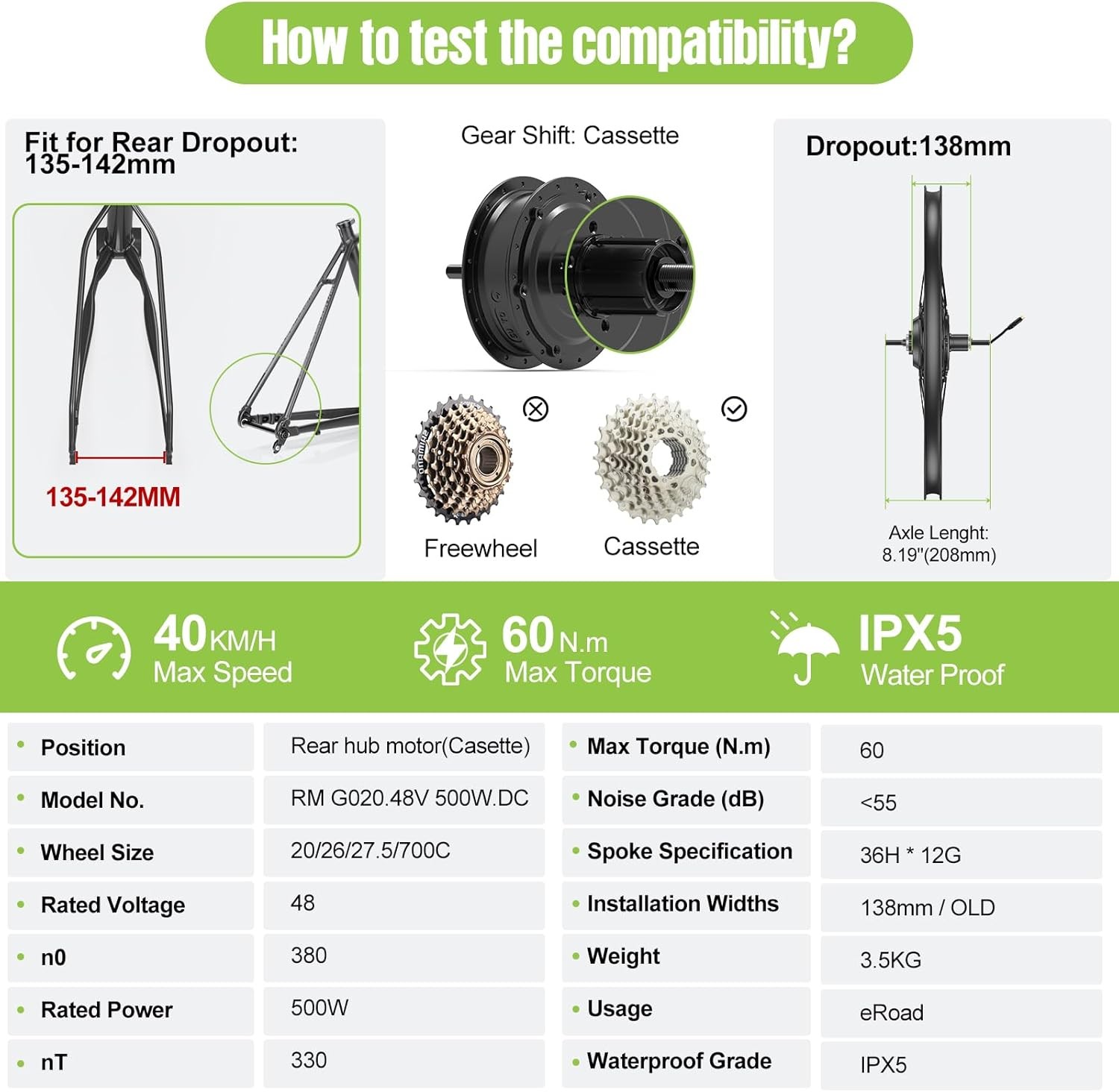 48V500W Bafang Rear Wheel Hub Motor 20» 27.5″26″20″700C EBike Conversion Kit