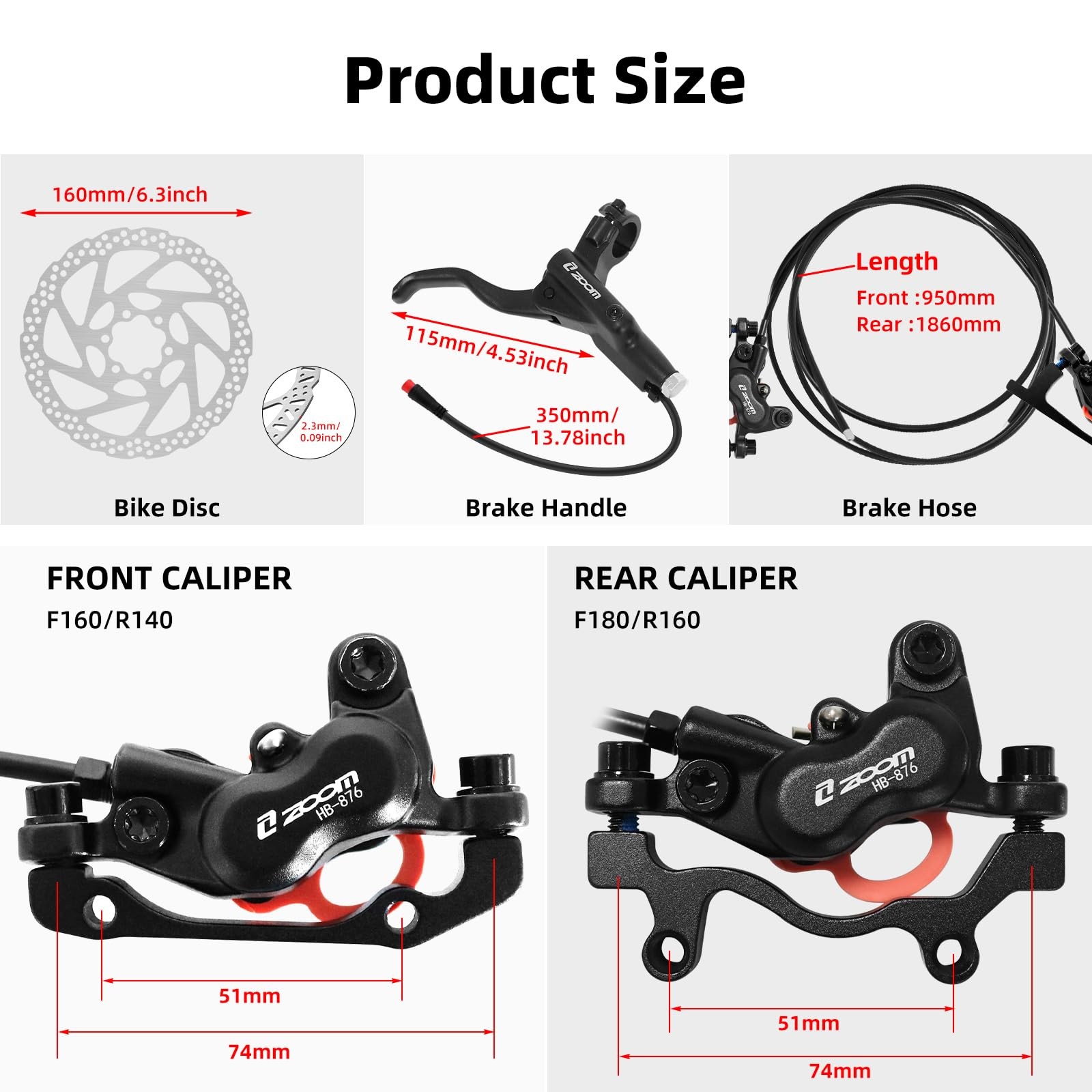 Z00M HB876E 2-PIN 4-Pistons E-Bike Power-Off Hydraulic Brake Set, Pre-Bled wi…