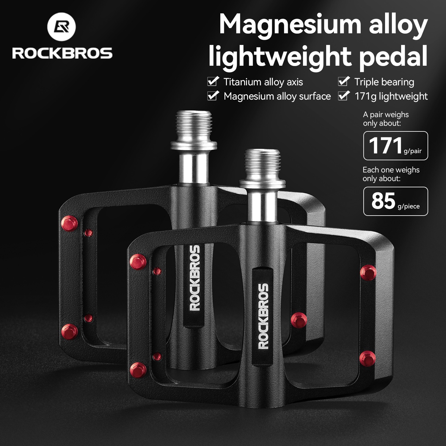 ROCKBROS Bicycle Pedals Black Flat MTB Pedals Magnesium Alloy 3 Bearings Durable