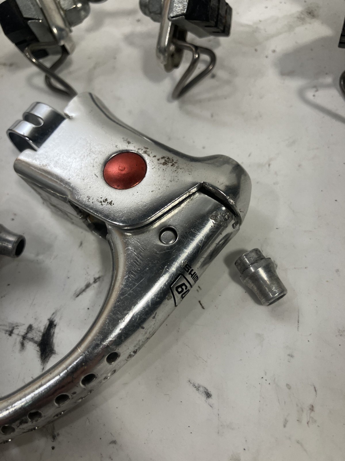 Vintage SHIMANO 600 Arabesque Brakes and Brake Levers Red Dot Drop Bar Drillium