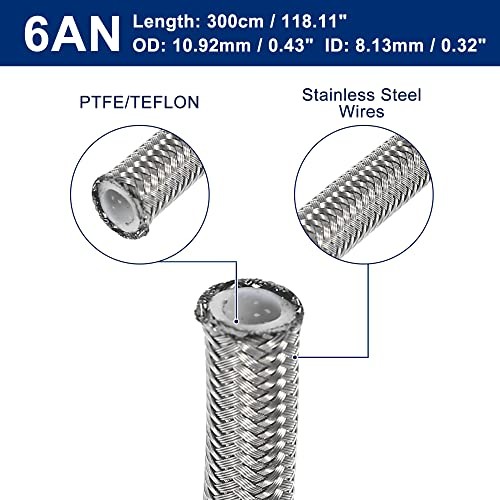 AN6 3/8″ 3 Meters Universal Braided PTFE Stainless Steel for E85 Car AN6 3m