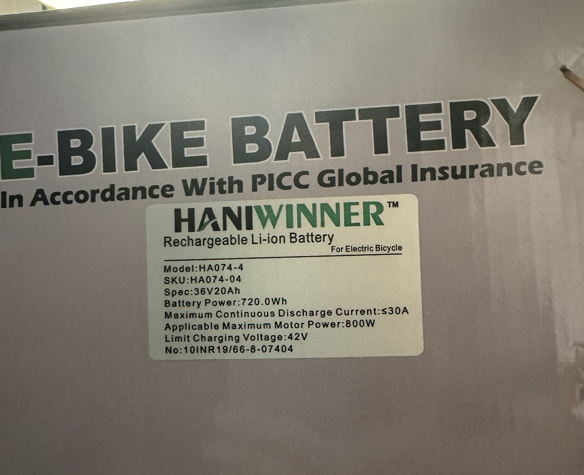 Haniwinner E-Bike Battery Model #HA074-4 Electric Bicycle 720Wh Rechargeable