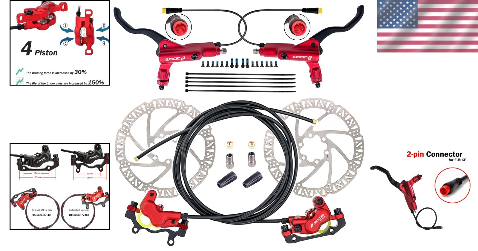 Zoom HB876E E-bike Hydraulic Brakes 180mm Rotors 4-Piston Red Pre-Bled Power-Off