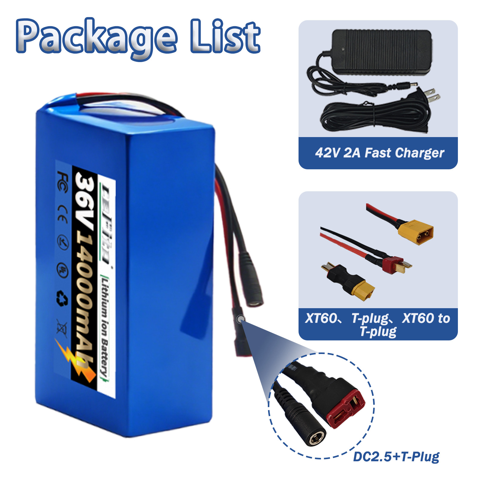 36 Volt battery, 36V 14Ah Lithium Battery,T-Plug Discharge Port, 7.6*4.2*2.7inch
