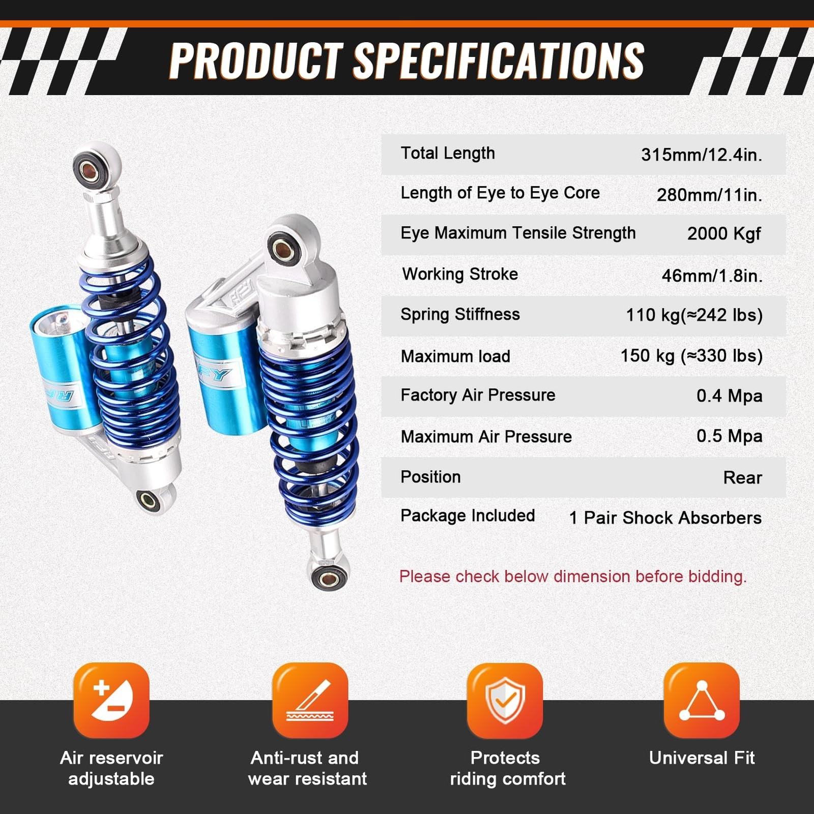 GZYF 11″ 280mm Pair Rear Adjustable Air Shock Absorbers Universal for HONDA f…