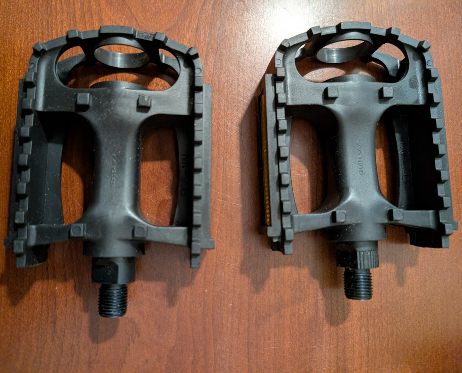 Black Plastic Platform Bicycle Pedals Pair w/ Yellow Reflectors