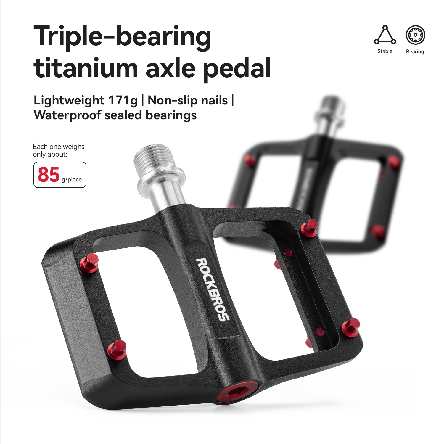 ROCKBROS Bicycle Pedals Black Flat MTB Pedals Magnesium Alloy 3 Bearings Durable