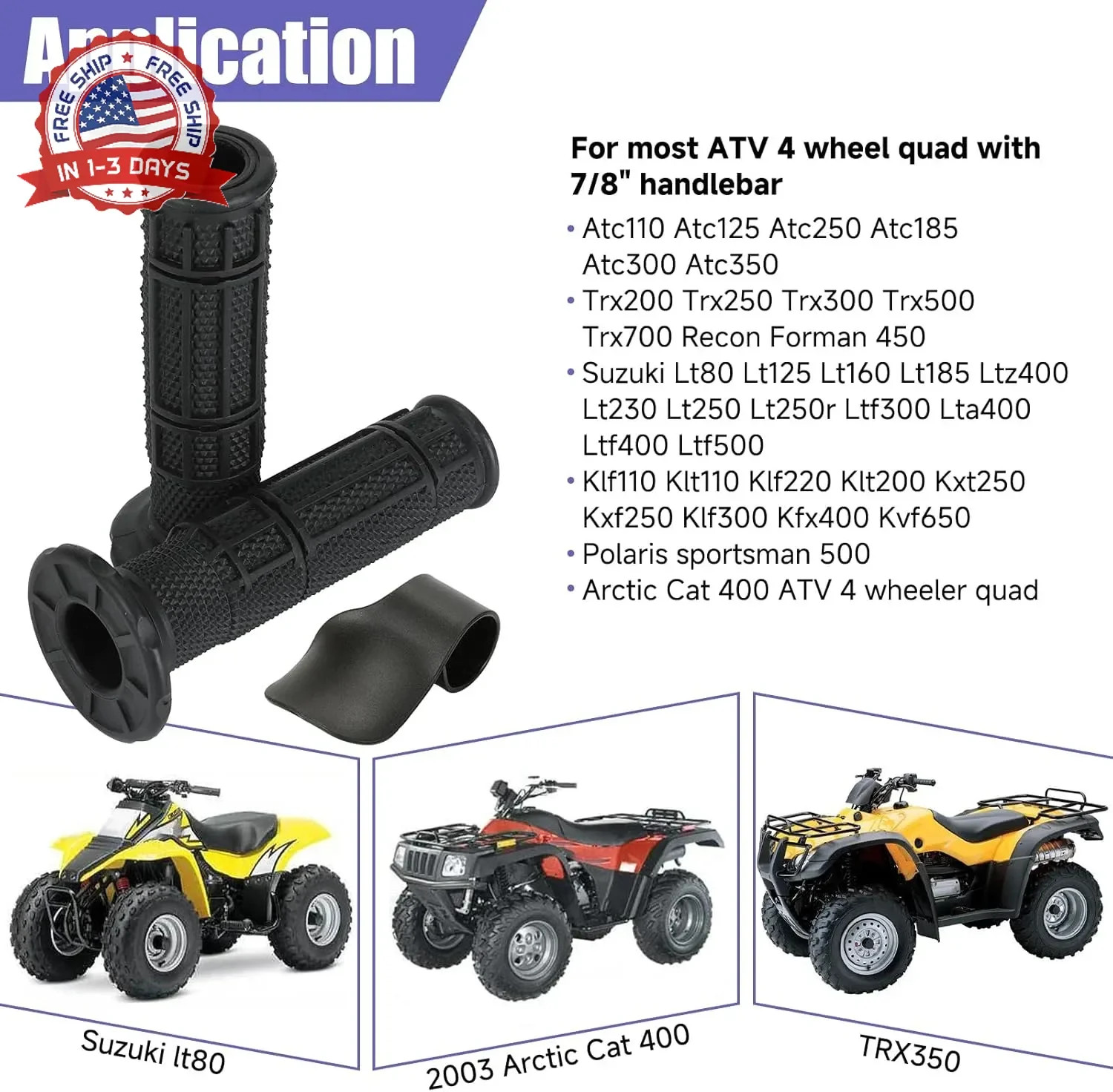 7/8 Handlebar Grips Rubber ATV Handle Grips Replacement for Rancher 350 420 Four