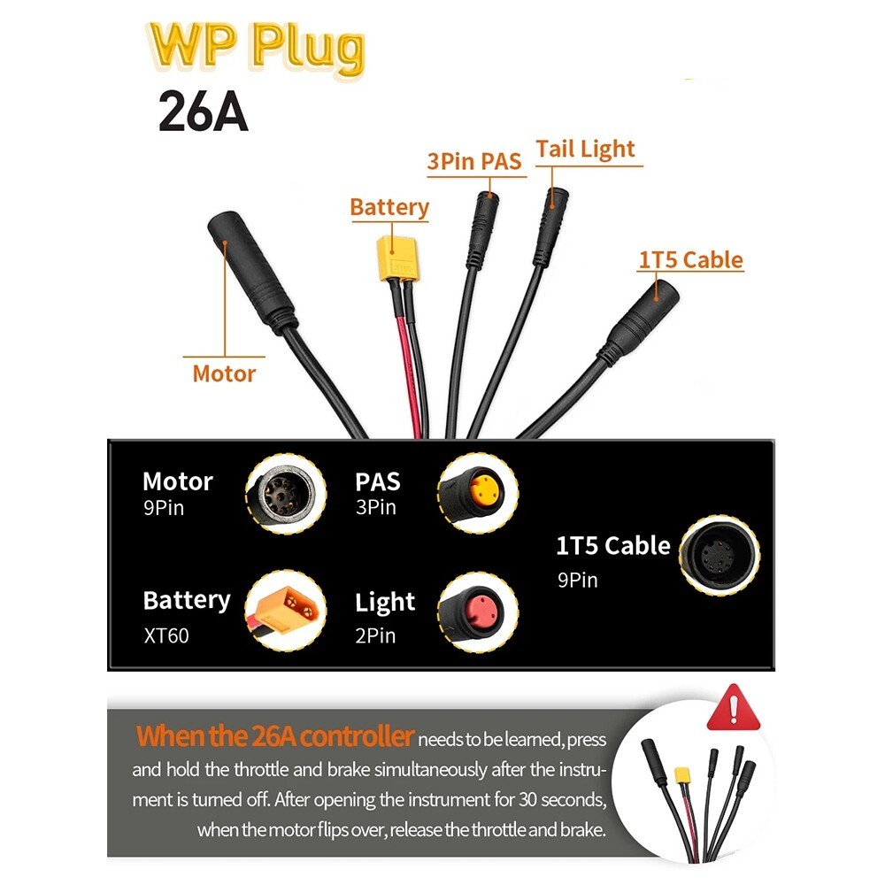 E-Bike 24V/36V/48V 26A Sine Wave Controller &Display WP Plug for 500W-750W Motor