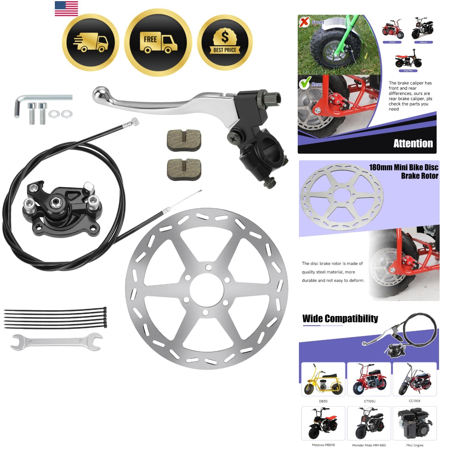 Mini Bike Brake Kit Disc Rotor Caliper Lever for Powersports 180mm 7/8″