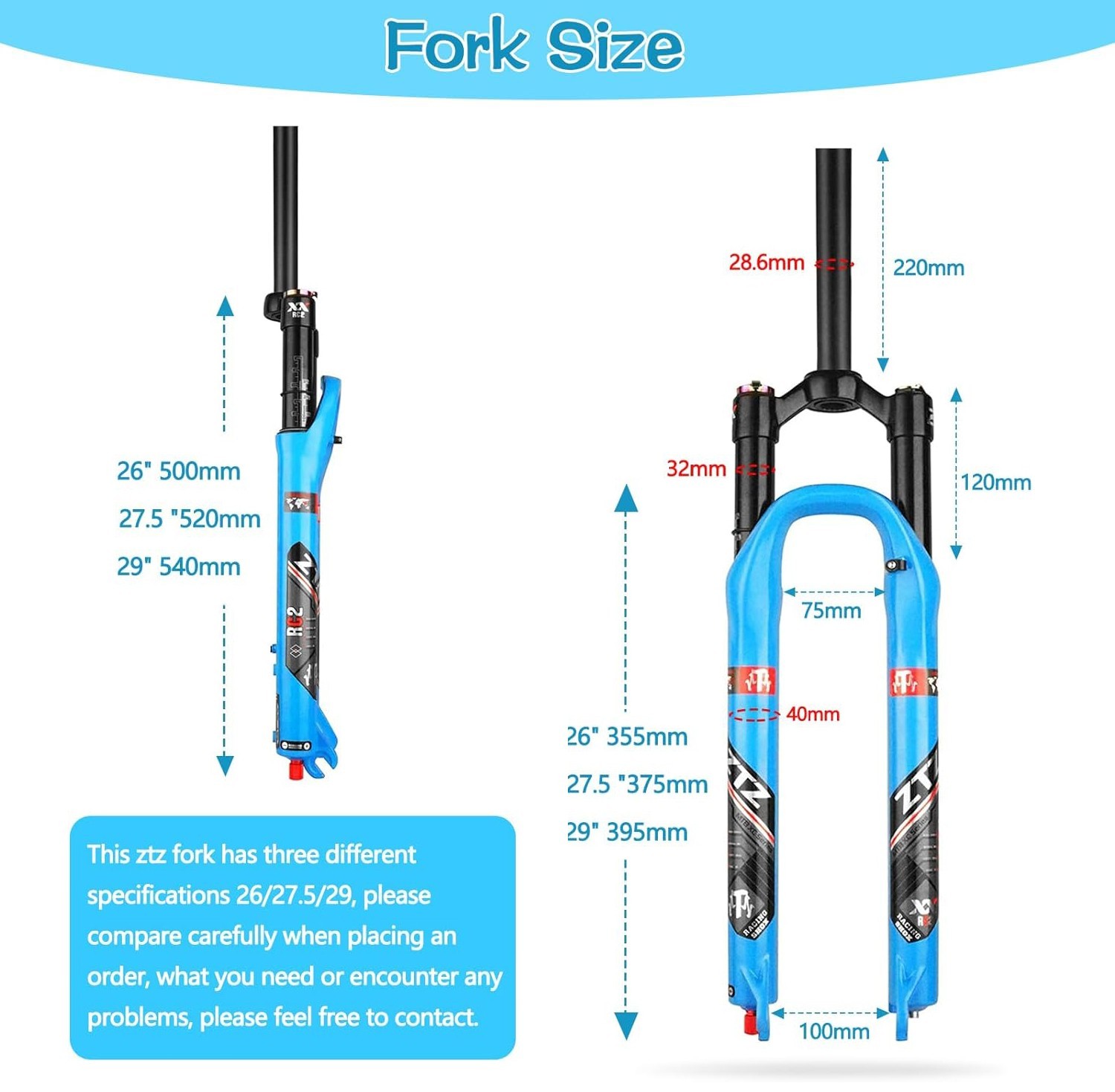 ZTZ MTB Air Suspension Fork Fit for 26/27.5/29 inch Mountain Bike, QR 9mm, XC/AM