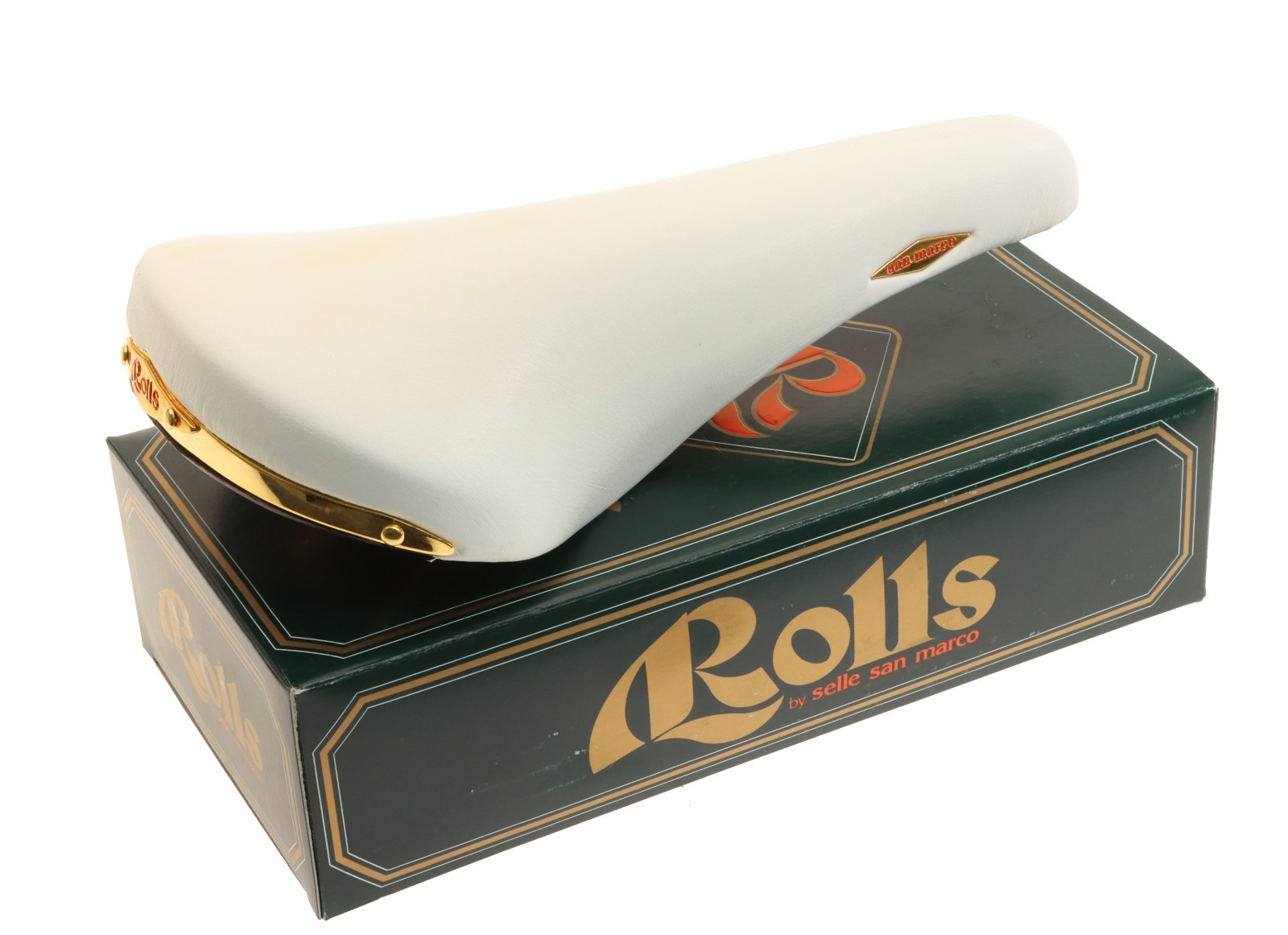Sella San Marco Rolls White Leather Saddle Brass Steel NEW in Box NOS *Shelfwear