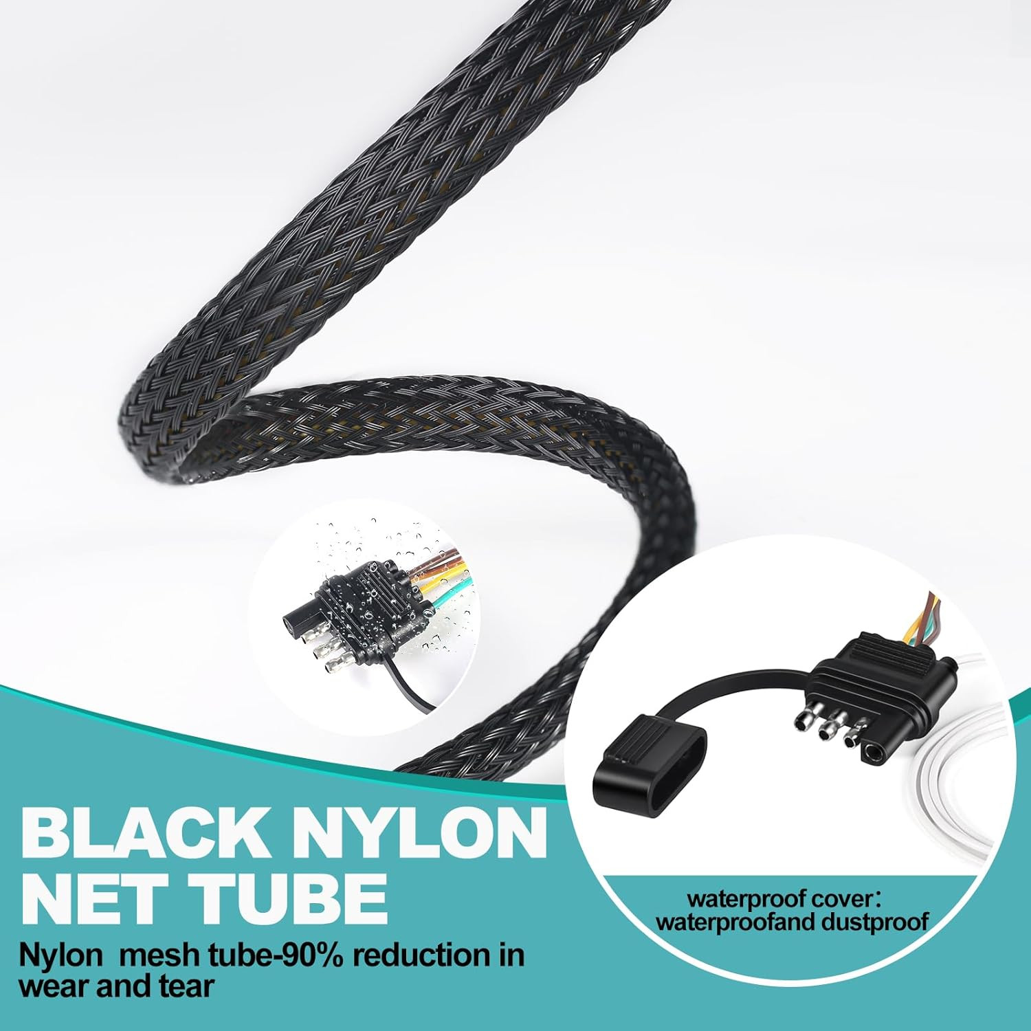 22FT Trailer Wiring Harness 4 Pin 5 Wire Connector Kit Nylon Protectiv Mesh Tube