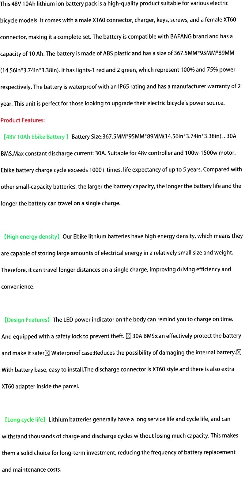 48V Electric Bicycle Bike Ebike Lithium Battery Rechargeable 30Amp BMS 5-Pin US