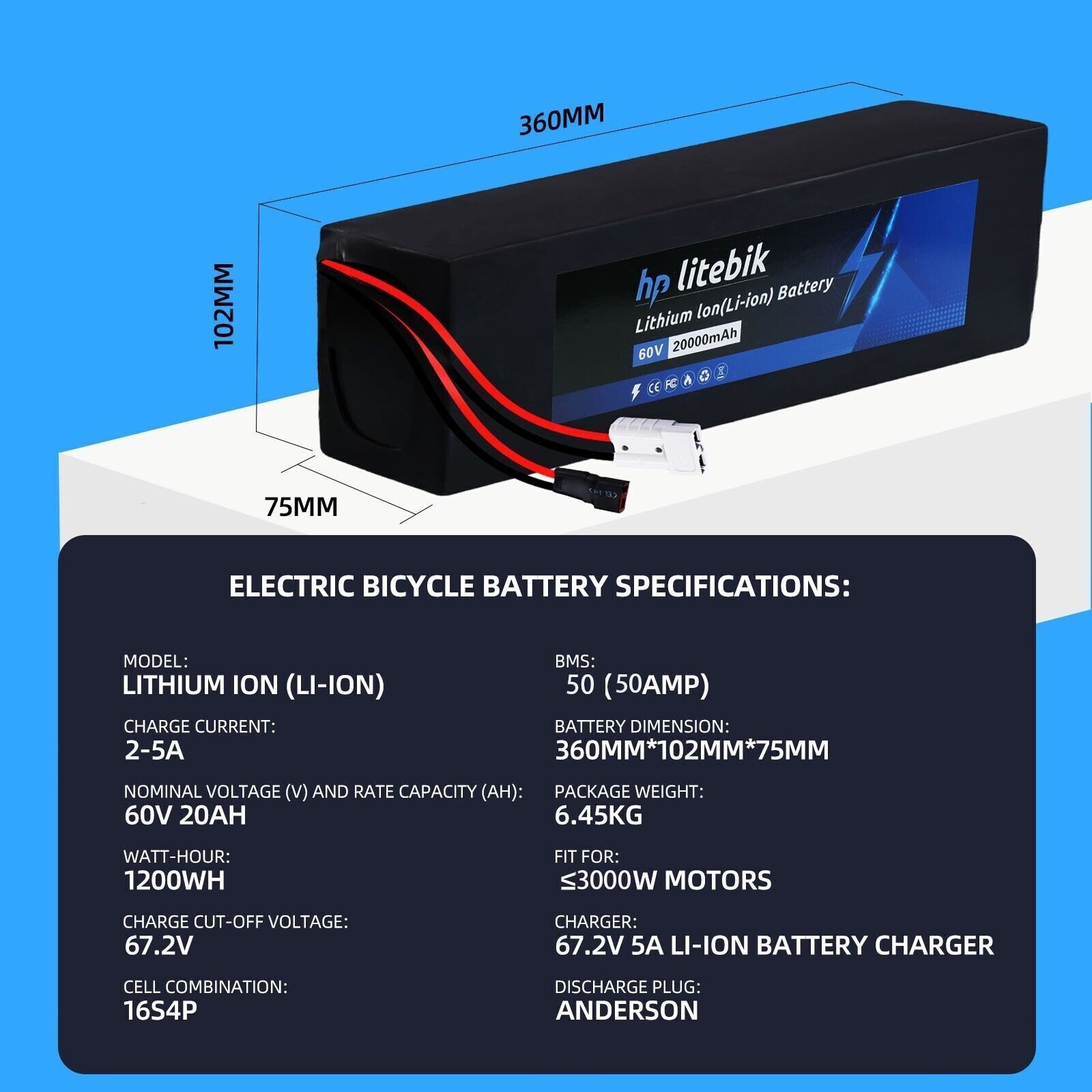 48V 52V 60V 72V 20Ah 30Ah Ebike Lithium Battery w/BMS for Electric Bike Bicycle