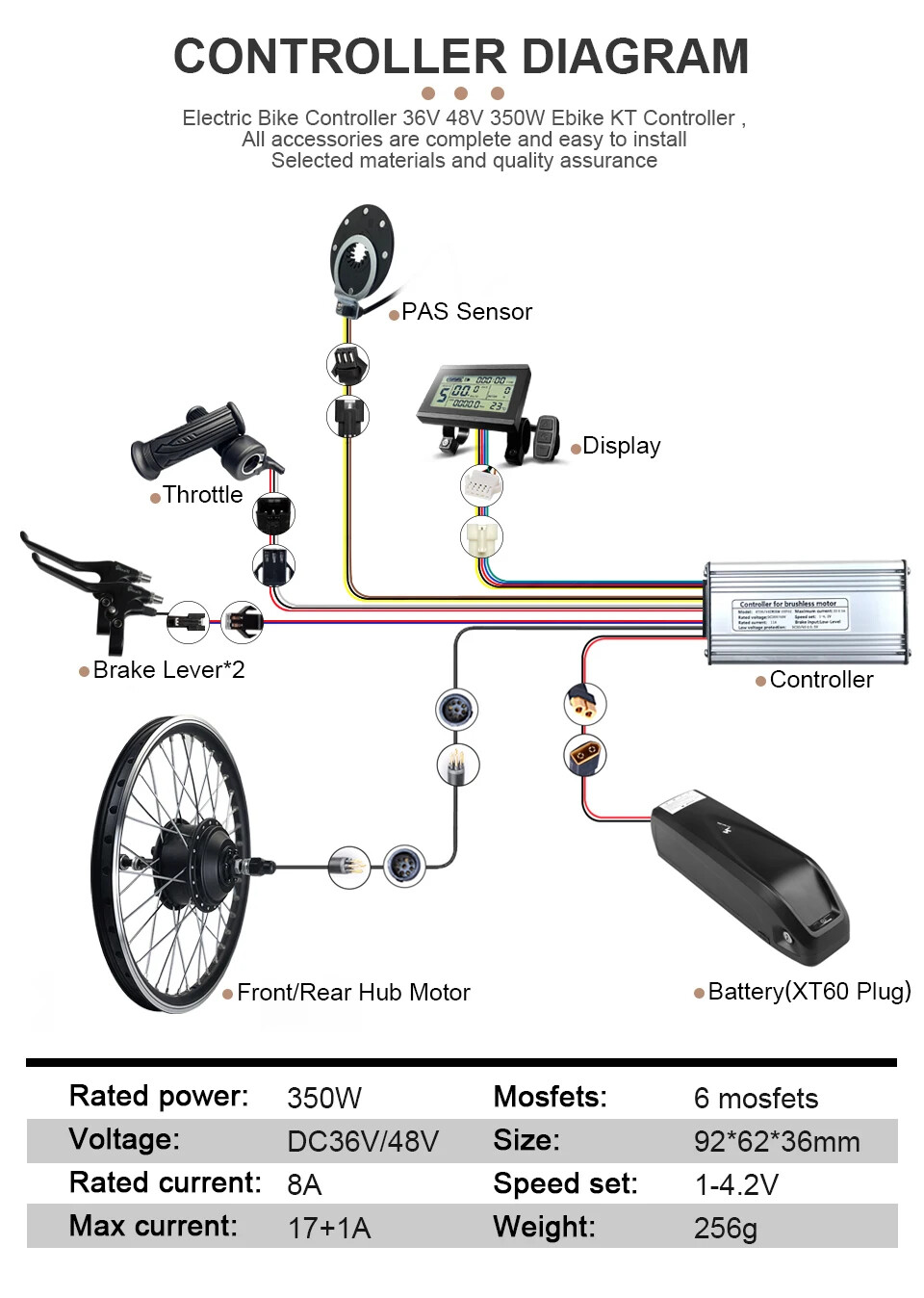 Electric Bike 36V 48V 350W Brushless Front Rear Hub Motor Wheel with KT Display