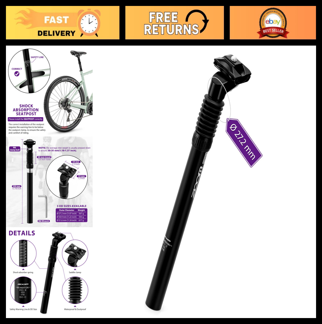 Adjustable Bike Suspension Seatpost 27.2/30.9/31.6mm 350mm Shock Absorber for MT
