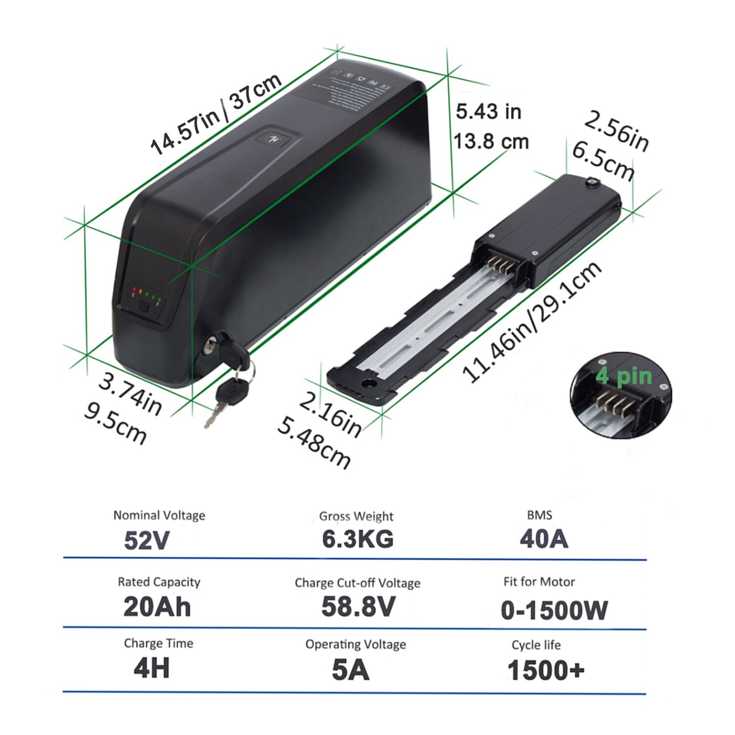 52V 48V 36V 20Ah Ebike Battery Lithium Battery for 50W-2000W Electric Bike Motor