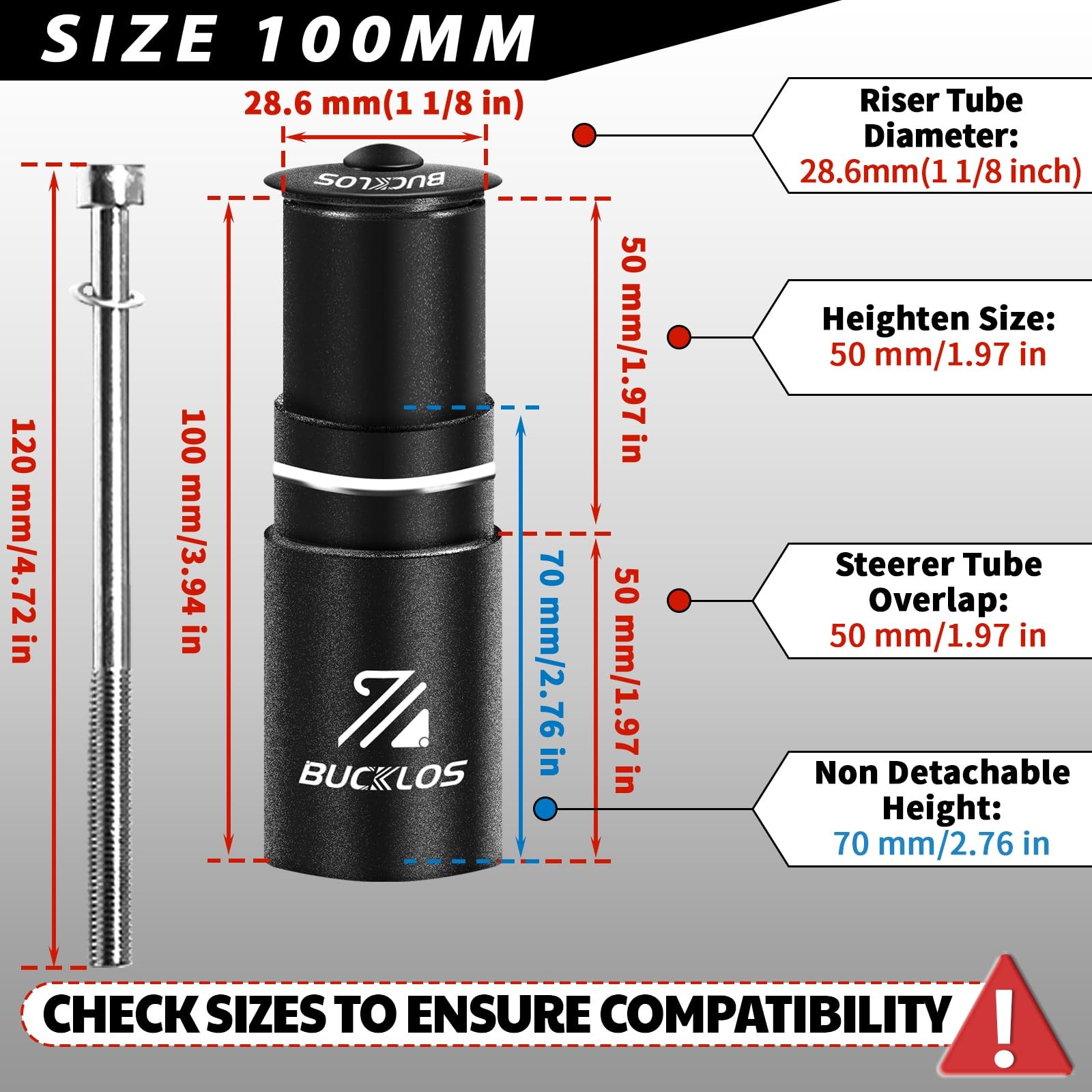 BUCKLOS Bike Stem Riser Extender MTB, 1-1/8″ 28.6mm Fork Stem, 100mm