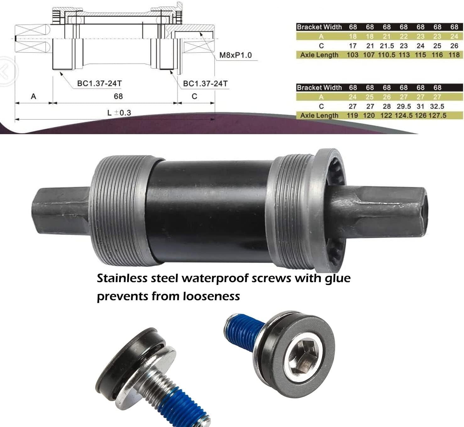 CDHPOWER English Square Taper BB Bottom Bracket Set (Black-68x116mm) – Bicycle