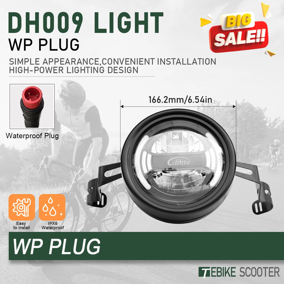 E-Bike Headlight DH009 2pin SM/Waterproof Plug 12-48V Front Light Spotlight Part