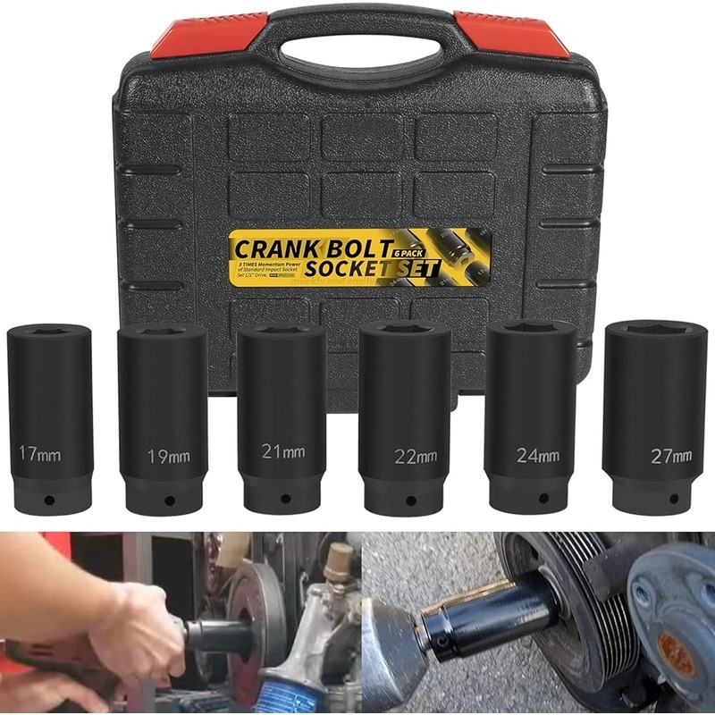 1/2″ Drive Deep Impact Crank Bolt Socket Set 17MM 19MM 21MM 22MM 24MM 27MM Tool