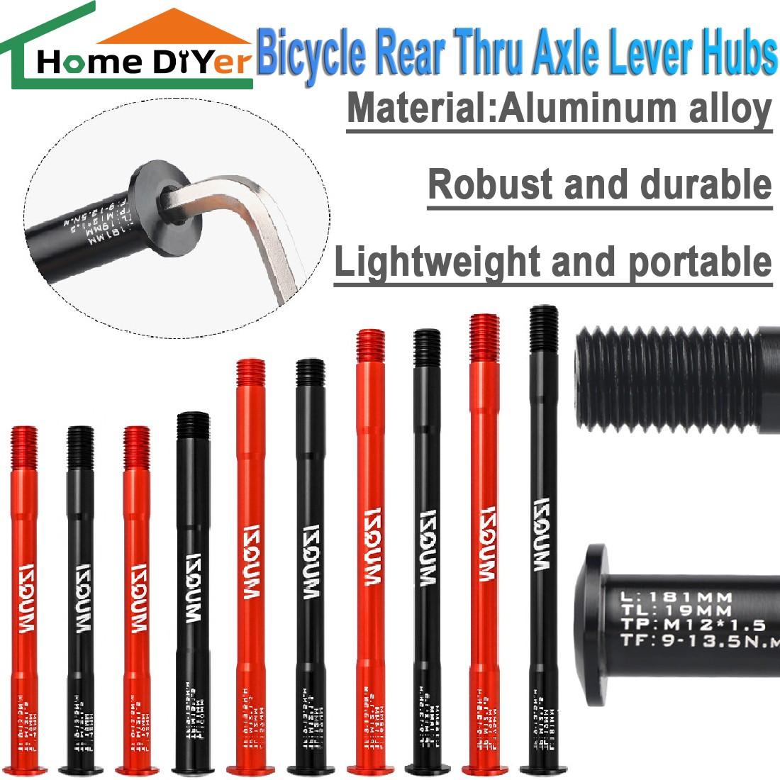 100mm-192mm Bicycle MTB Rear Thru Axle Lever Hubs Shaft Skewers Front Rear Axle