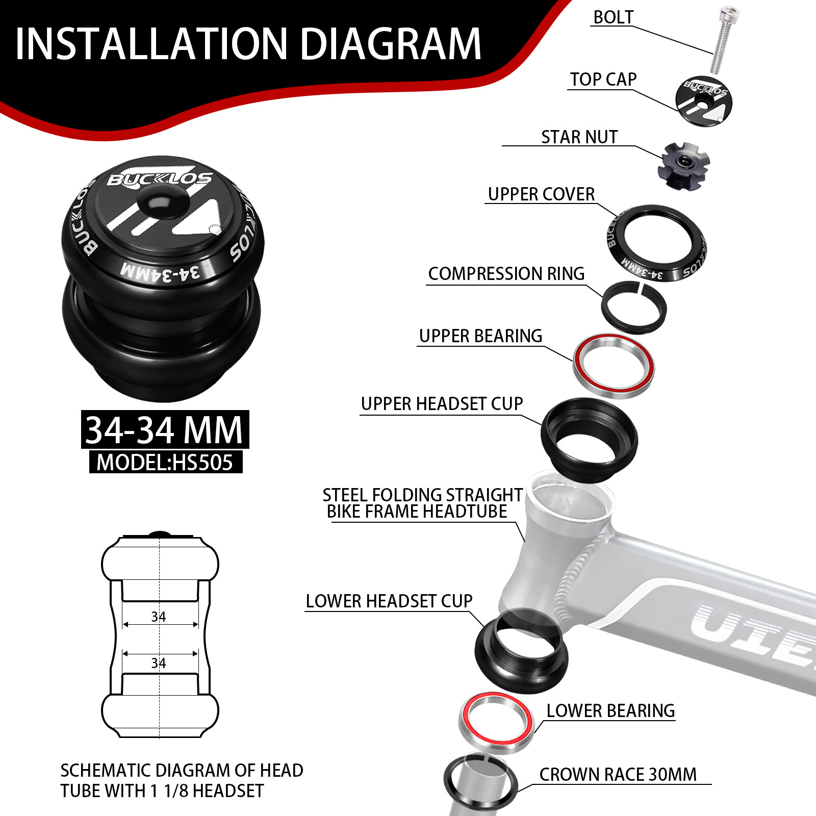 34mm 1-1/8″ Threadless MTB Road Bike Bicycle Sealed External Bearing Headset Set
