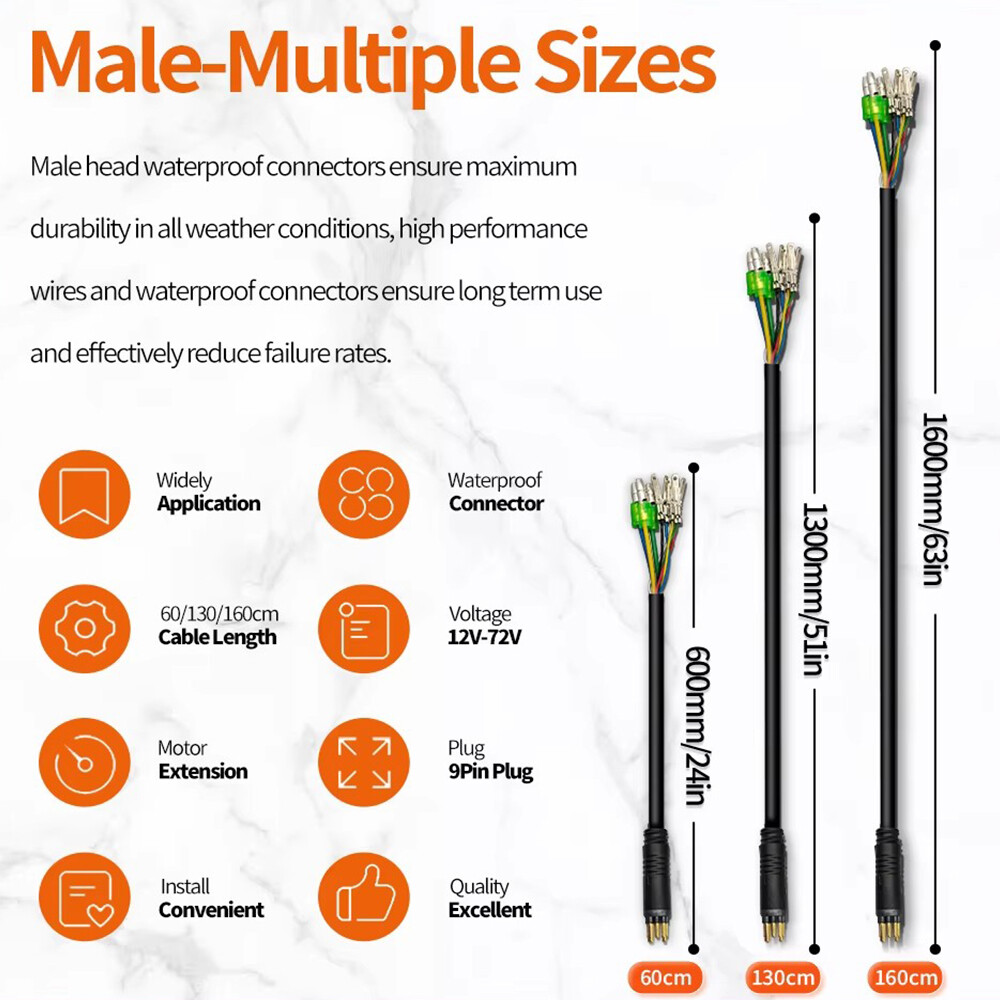 E-bike Electric Bicycle Hub Motor Extension Cable 9 Pin Male Female 90/130/160cm