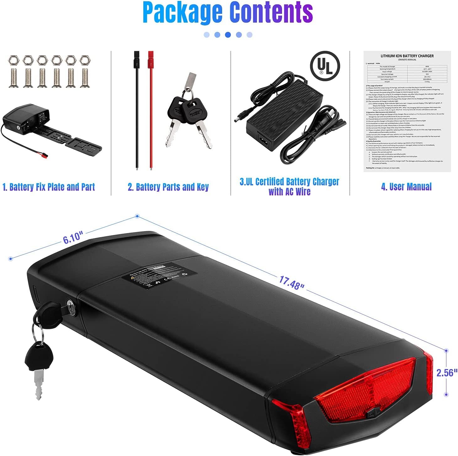 Rack Ebike Battery 36V 48V 52V 72V Battery for 0-3000W Motor with Tail Light