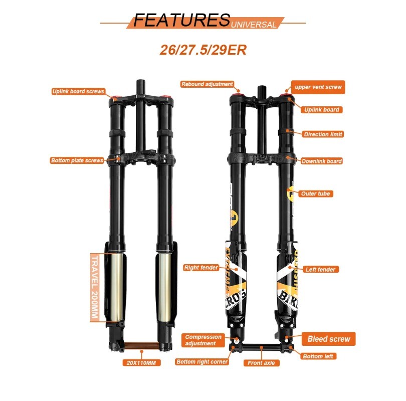 DH MTB Dirt Electric Bike Hydraulic Suspension Fork 26/27.5/29er Travel 200mm