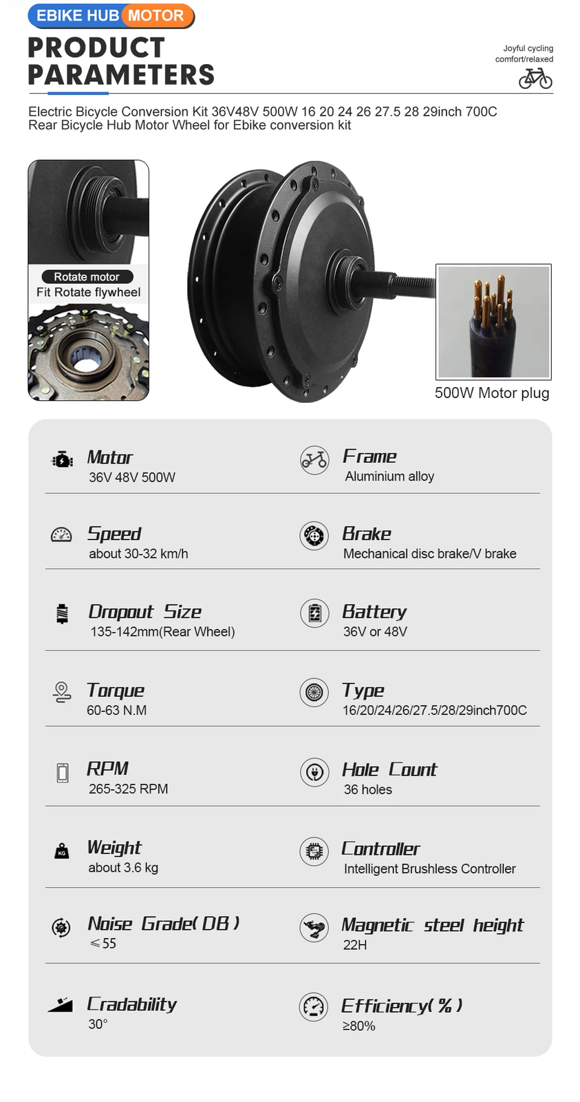 36V 48V 500W E-bike Conversion Kit Brushless Gear Rear Rotate Hub Motor Wheel