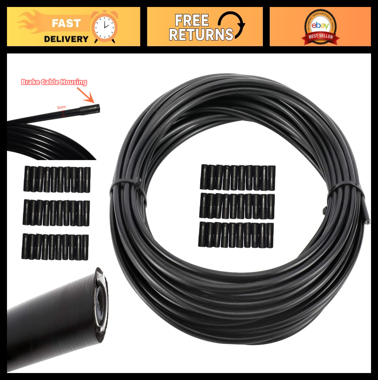 5mm x 50ft Bicycle Brake Cable Housing with 30 Cable End Caps – Black, Durable &