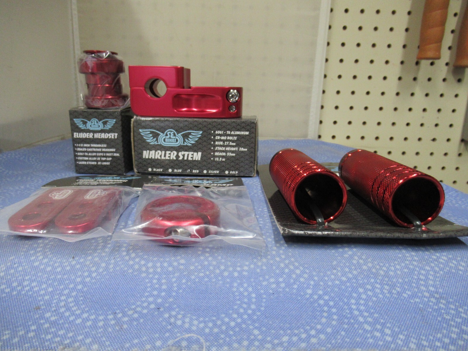 SE Bikes BMX Mix Lot-Pegs, Narler, Eluder Headset, Champ Clamp, Tensioner-Red