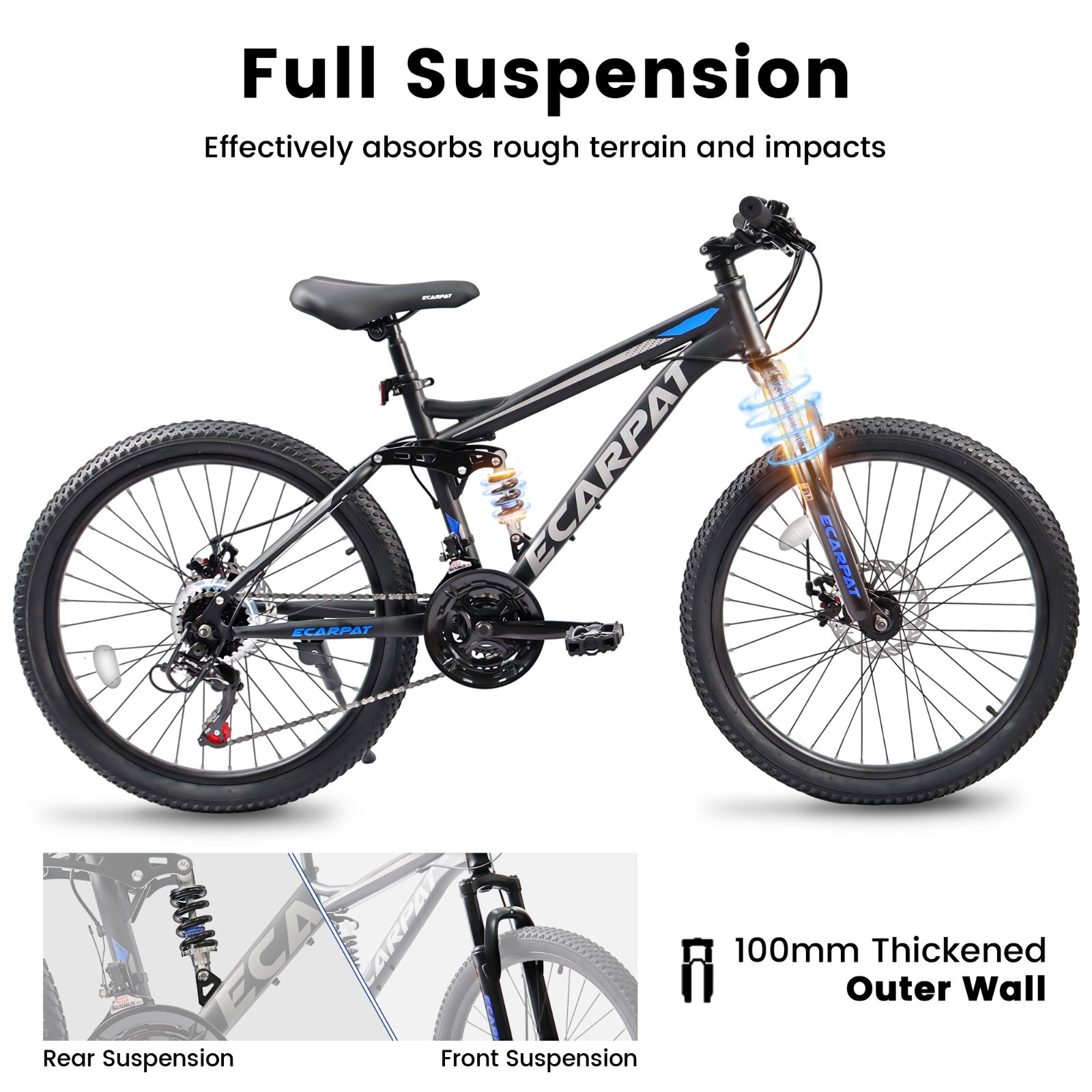24In Mountain Bike w/Full Suspension,21 Speed Shifter Lever Bike,Gear Indicator