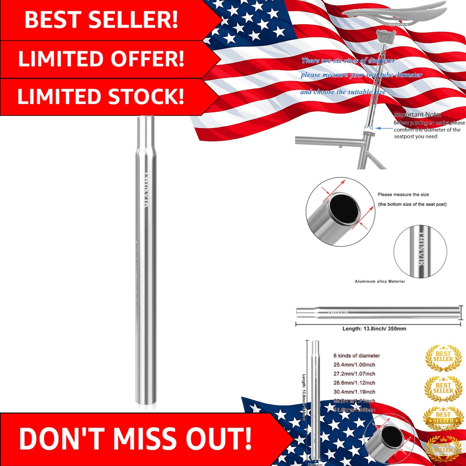 Versatile 350mm Bike Seat Post with Multiple Diameter Options for Perfect Fit