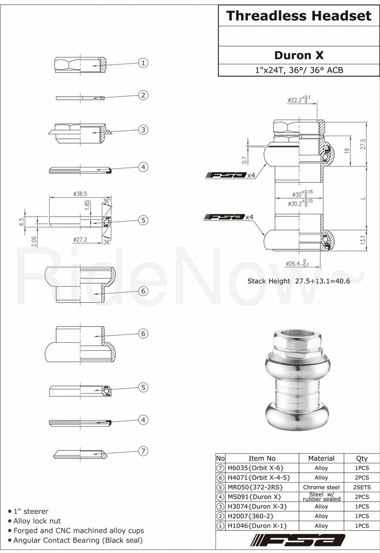 Threaded Headset FSA Duron X 1inch 22.4/26.4mm w/Top Cap sealed bearings