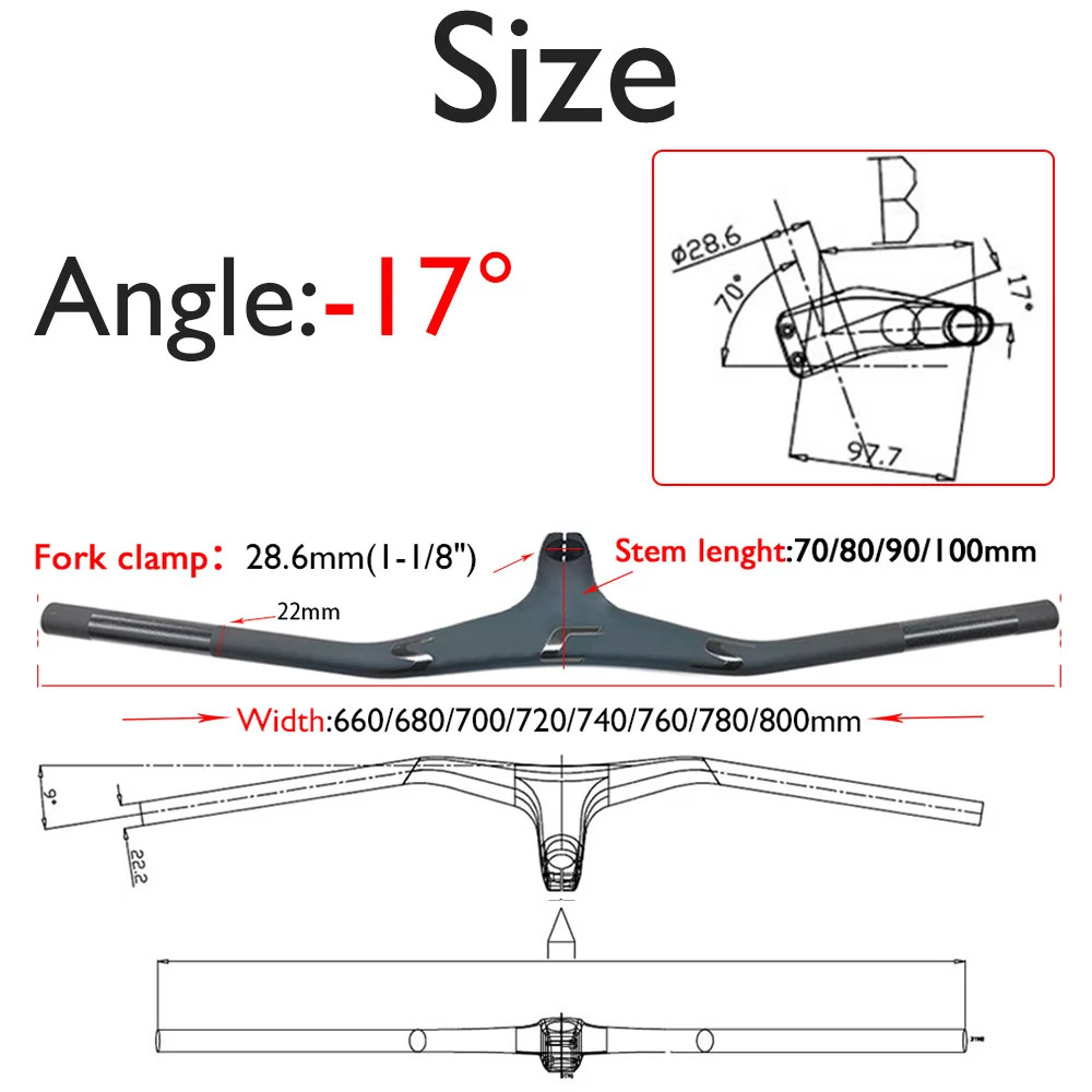 Carbon Fiber MTB Integrated Handlebars -17° 28.6mm 740mm Cycling Accessories