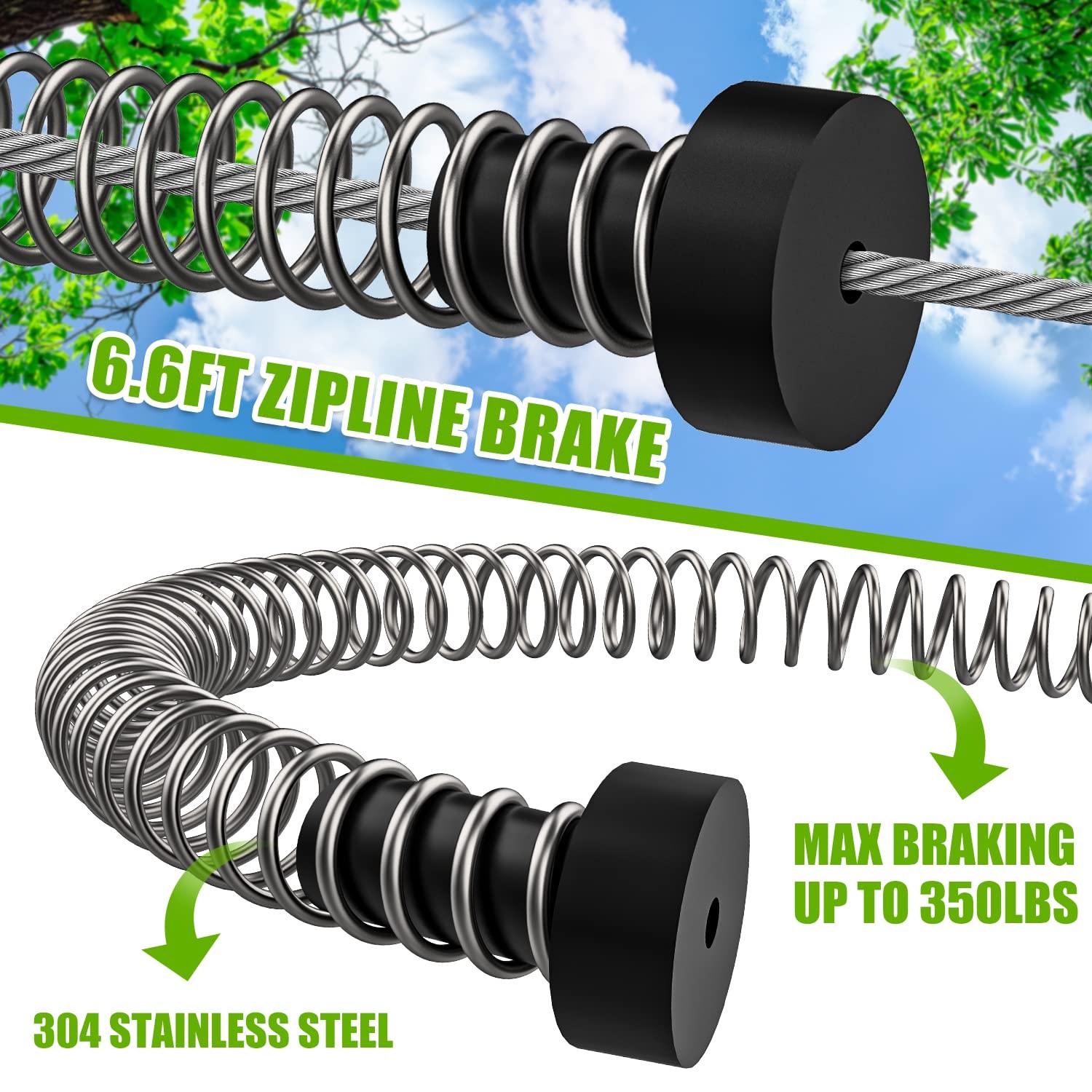 Heavy Duty 6.6FT Extra Long Spring Brake Kids Backyard Heavy Duty Zip Line
