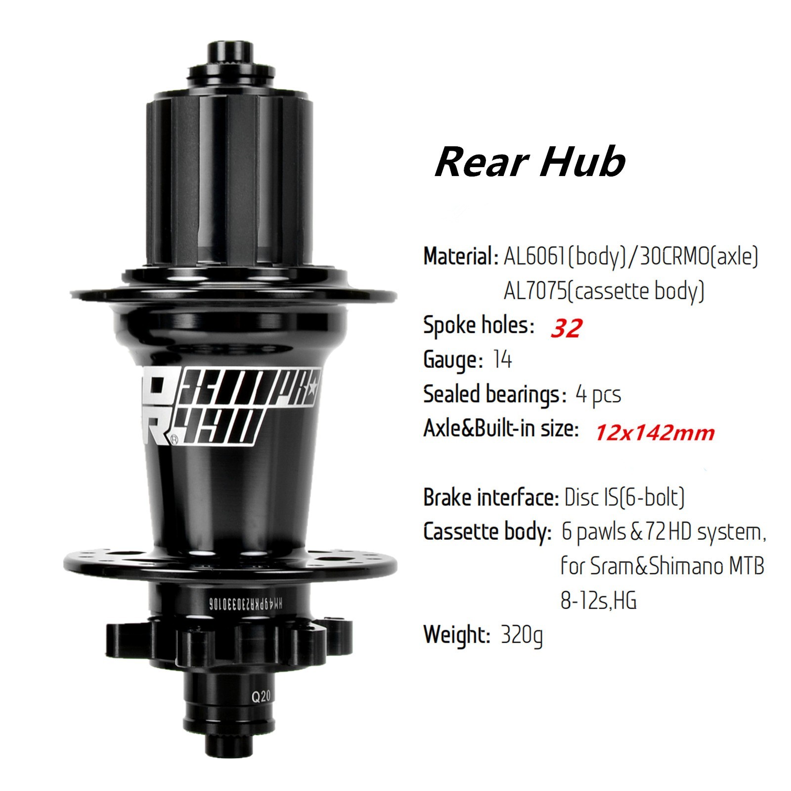 MTB Hub 32H 6 Bolt Thru Axle Disc Brake HG Fit for Shimano 8-11S,15X100/12×142