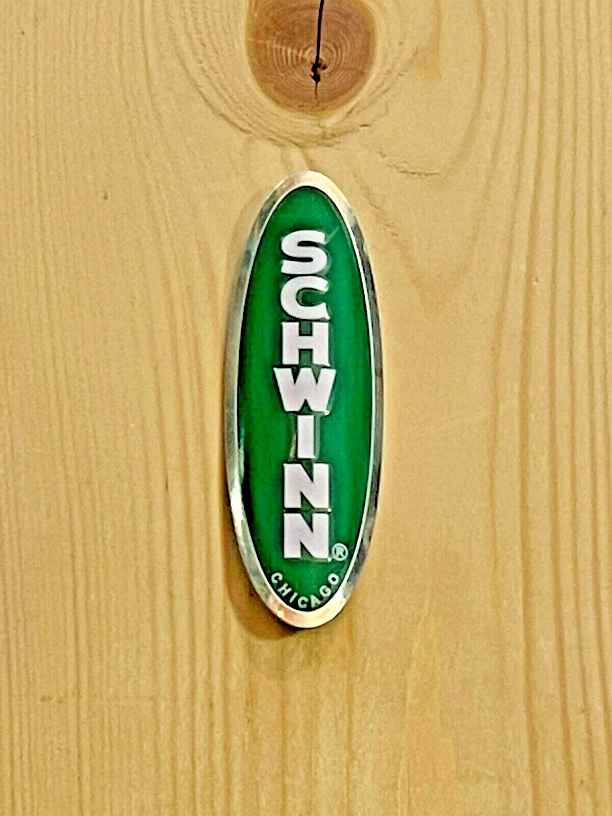 Schwinn Bike, Vintage Style, Chrome Head Badge, Green, White, Chrome, Curved NEW